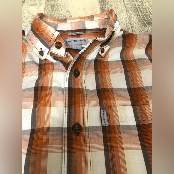CARHARTT Shirt Mens Medium Short Sleeve Button Up Orange Plaid Work Wear Relaxed - Picture 1 of 8